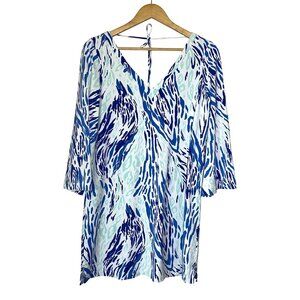 Persifor Double V Neck Printed Shift Dress Blue Womens Size M Resort Preppy Boho